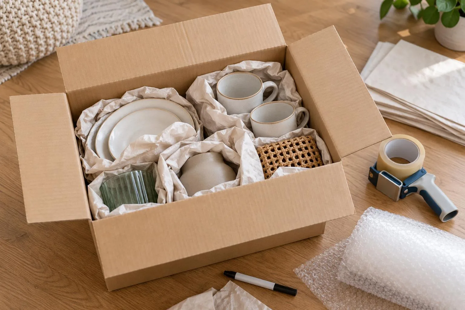 Sorgfältig gepackter Karton mit Geschirr, Packpapier und Verpackungsmaterial.